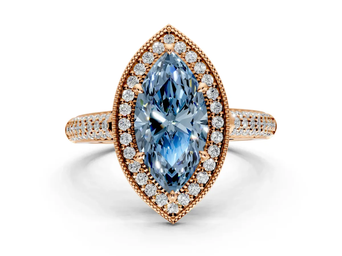 Milgrain Halo Engagement Ring Setting for Fancy Blue Marquise Center with Three-Sided Pave Band and Prong Head in Rose Gold