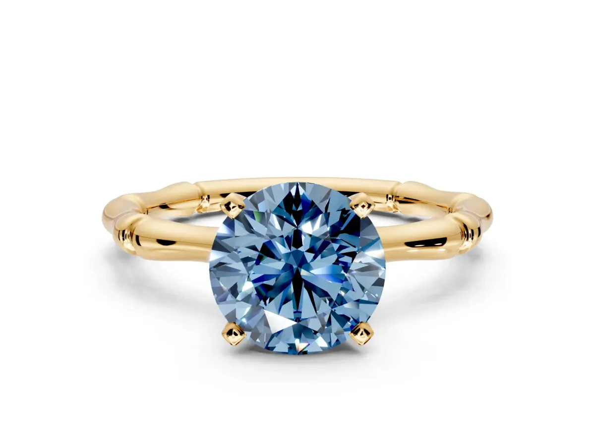Solitaire Engagement Ring Setting for Fancy Blue Round Cut Center with Bamboo Band and Prong Head in Yellow Gold