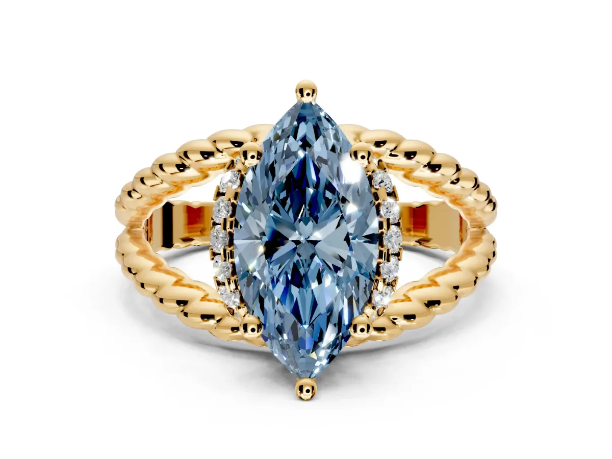 Halo Engagement Ring Setting for Fancy Blue Marquise Center with Rope Twist Split Shank and Prong Head in Yellow Gold