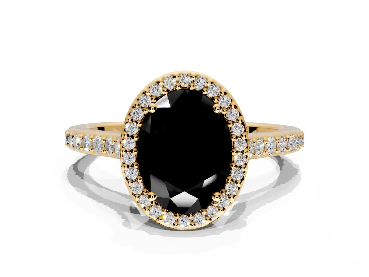 Halo Engagement Ring Setting for Fancy Black Oval Center with Pave Accents, Heart Basket and Prong Head in Yellow Gold