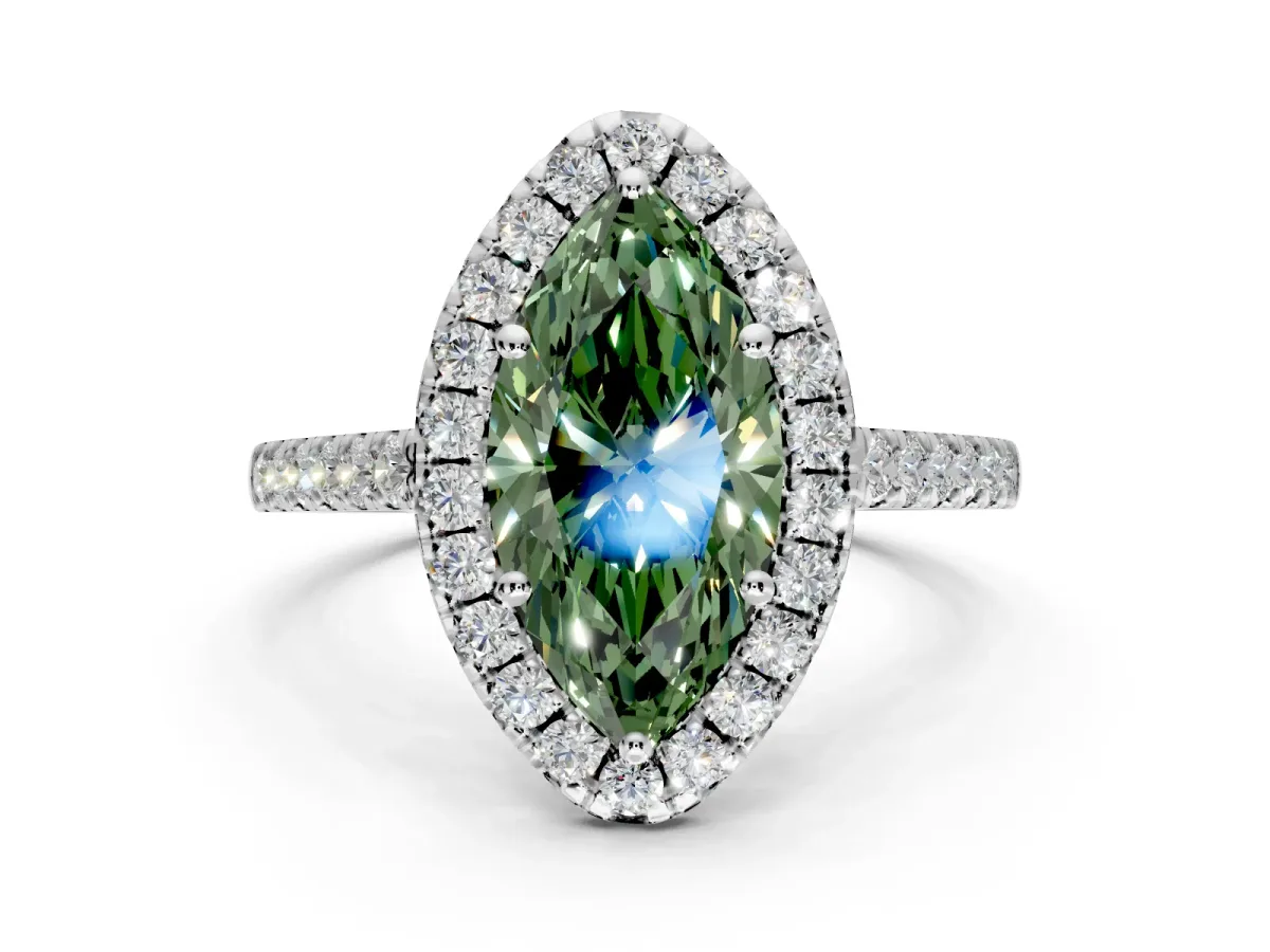 Halo Engagement Ring Setting for Fancy Green Marquise Center with Narrowing Pave Band and Prong Head in Platinum