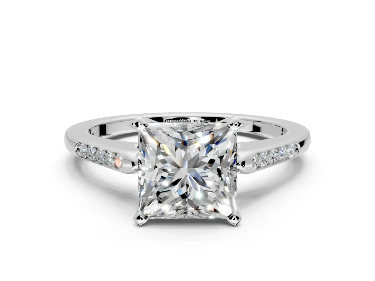 Solitaire Engagement Ring Setting for Princess Cut Center with Channel Accents and Prong Head in Sterling Silver