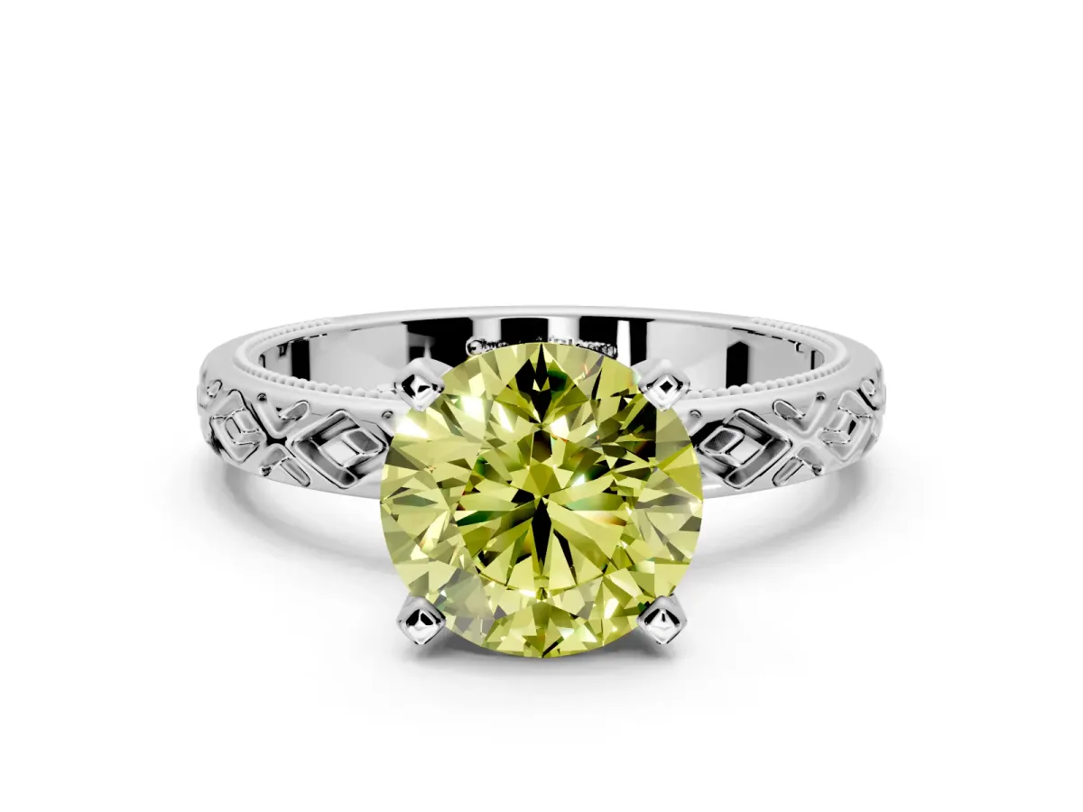 Solitaire Engagement Ring Setting for Fancy Yellow Round Cut Center with Milgrain X Pattern Band and Prong Head in White Gold