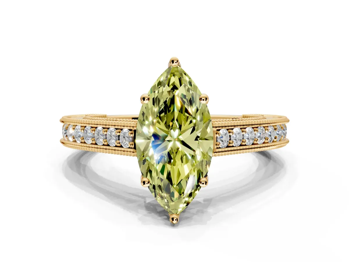 Solitaire Engagement Ring Setting for Fancy Yellow Marquise Center with Engraved Pave Band and Prong Head in Yellow Gold