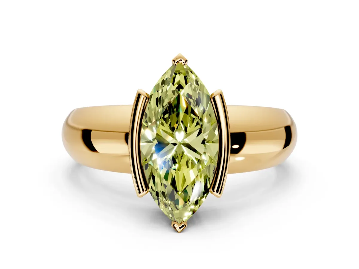 Tension Engagement Ring Setting for Fancy Yellow Marquise Center with Wide Flat Band and Tension Head in Yellow Gold