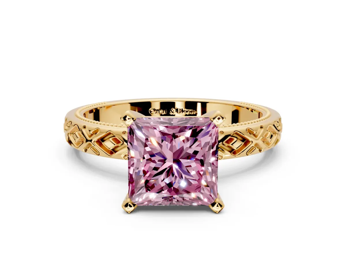 Solitaire Engagement Ring Setting for Fancy Pink Princess Cut Center with Milgrain X Pattern Band and Prong Head in Yellow Gold