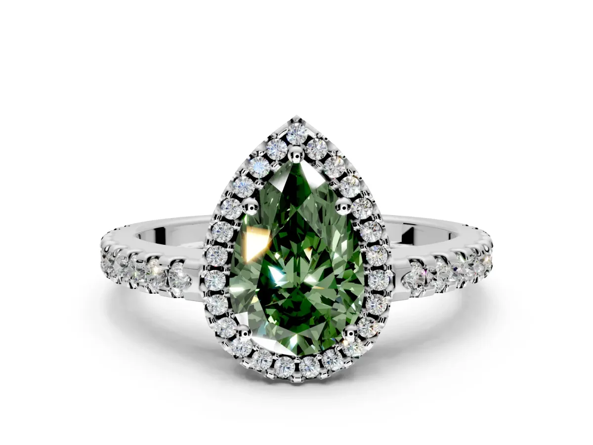 Accent Halo Engagement Ring Setting for Fancy Green Pear-Shaped Center with Full-Length Pave Band and Prong Head in Sterling Silver