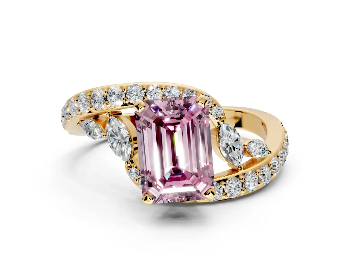 Solitaire Engagement Ring Setting for Fancy Pink Emerald Cut Center with Pave Bypass Twist Band and Prong Head in Yellow Gold