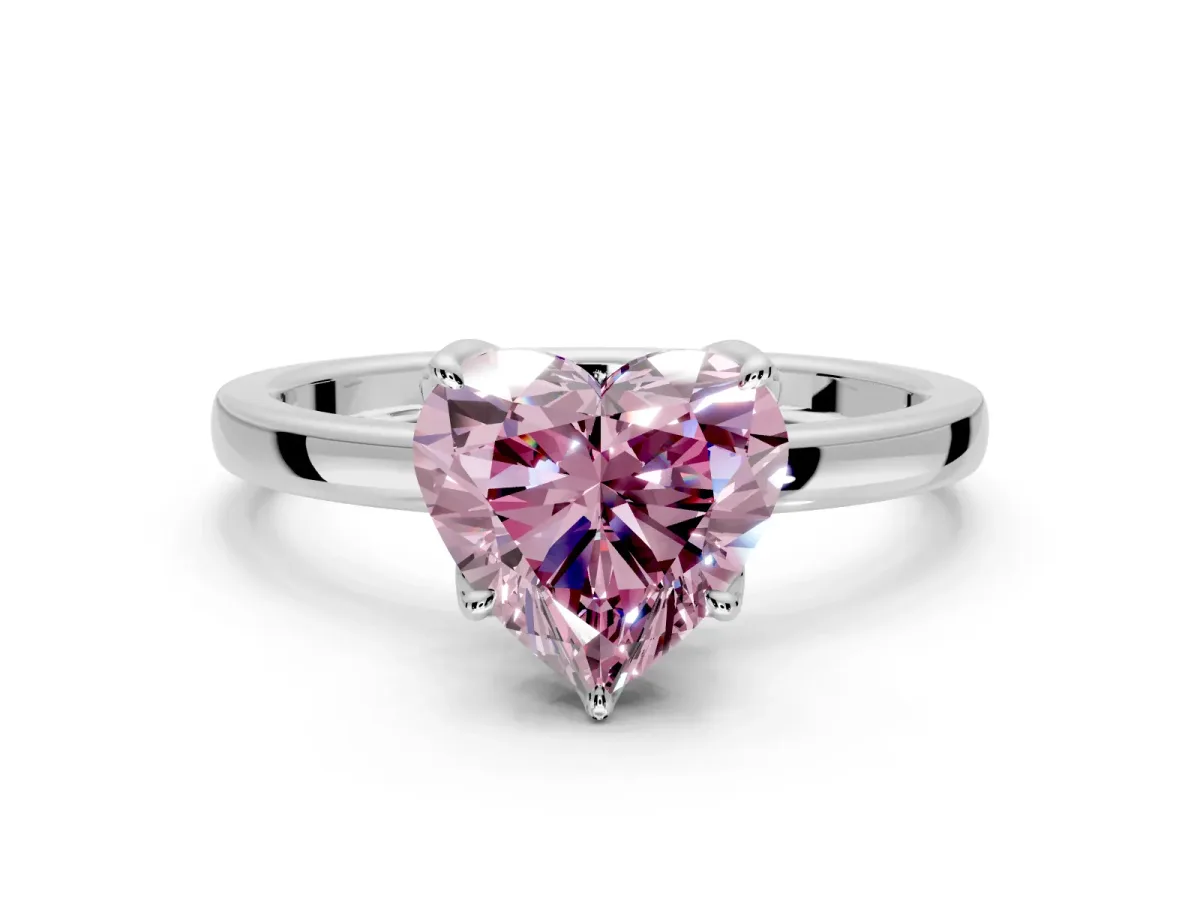 Solitaire Engagement Ring Setting for Fancy Pink Heart-Shaped Center with Thin Rounded Plain Band and Prong Head in Sterling Silver