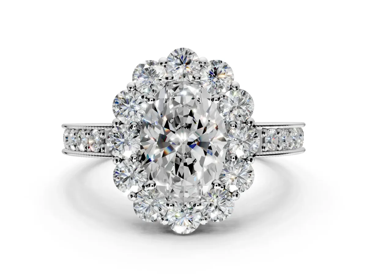 Halo Engagement Ring Setting for Oval Center with Milgrain Channel Band and Prong Head in Platinum