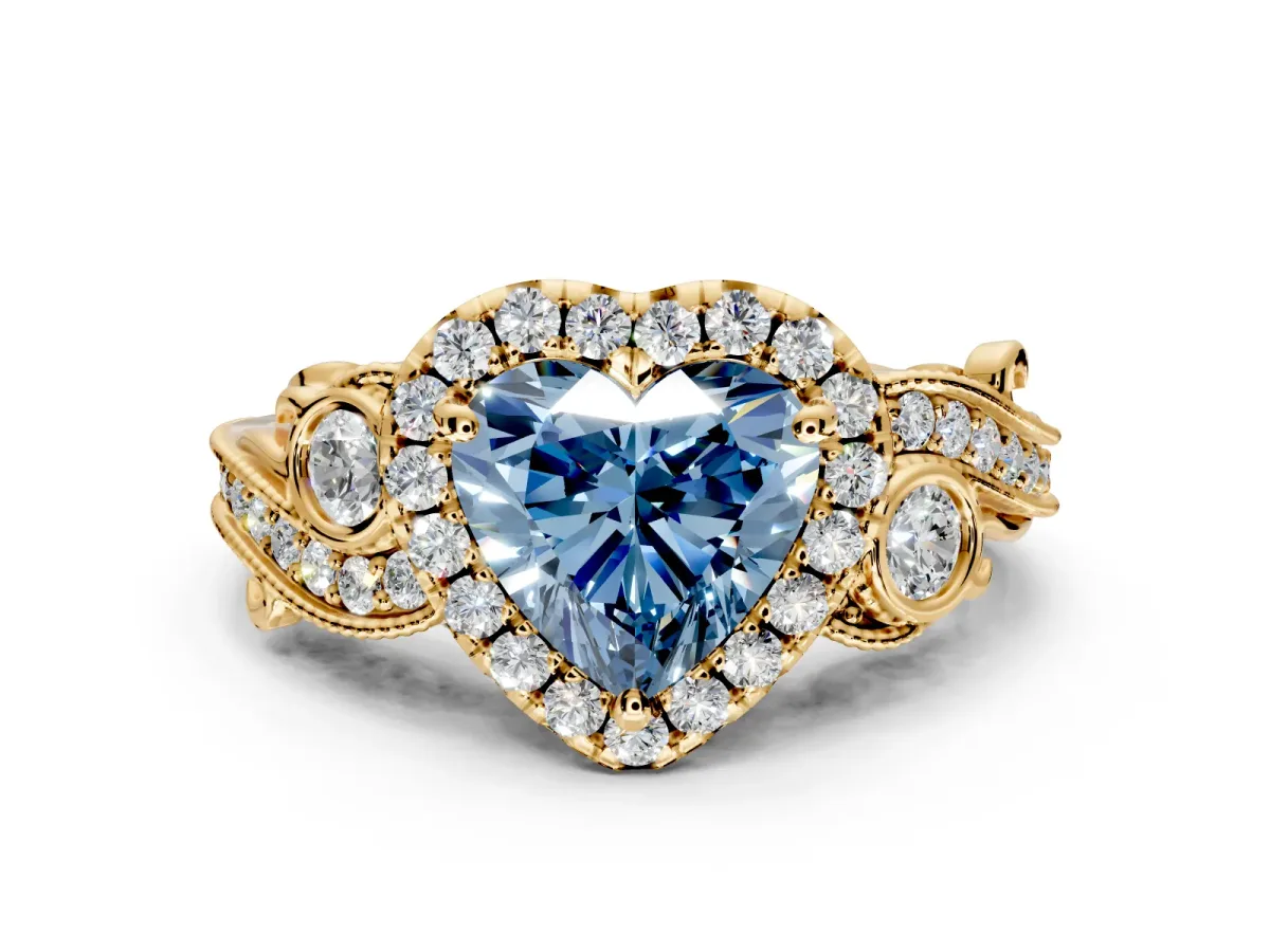 Milgrain Halo Engagement Ring Setting for Fancy Blue Heart-Shaped Center with Shoulder Bezels and Prong Head in Yellow Gold
