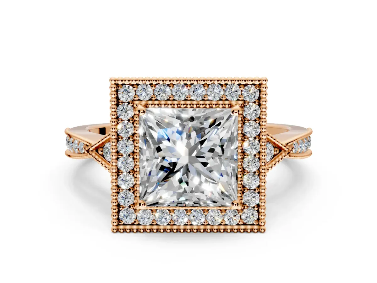 Halo Engagement Ring Setting for Princess Cut Center with Milgrain Rim, Pave Band and Prong Head in Rose Gold