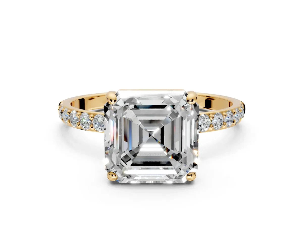 Solitaire Engagement Ring Setting for Asscher Cut Center with Pave Accents and Prong Head in Yellow Gold