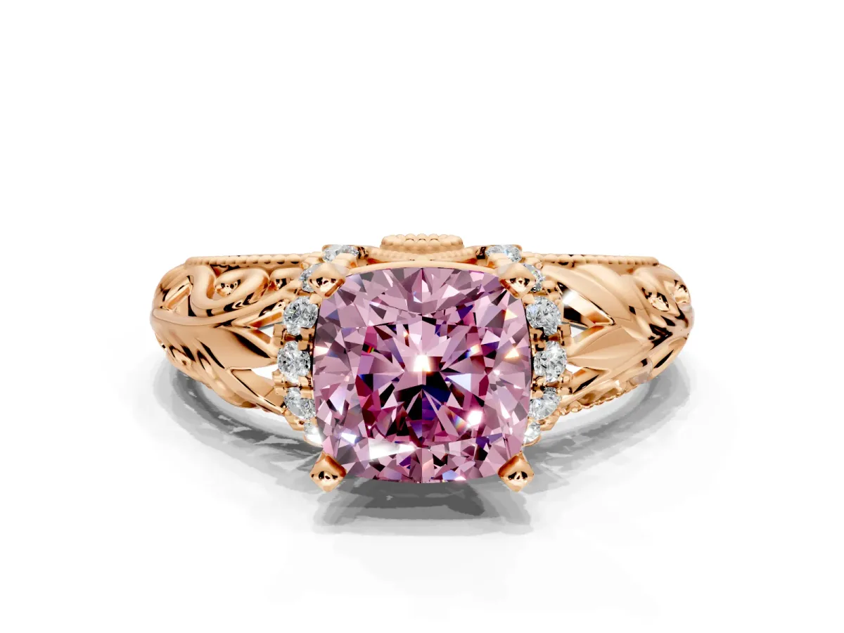 Solitaire Engagement Ring Setting for Fancy Pink Cushion Cut Center with Filigree Accent Basket and Prong Head in Rose Gold