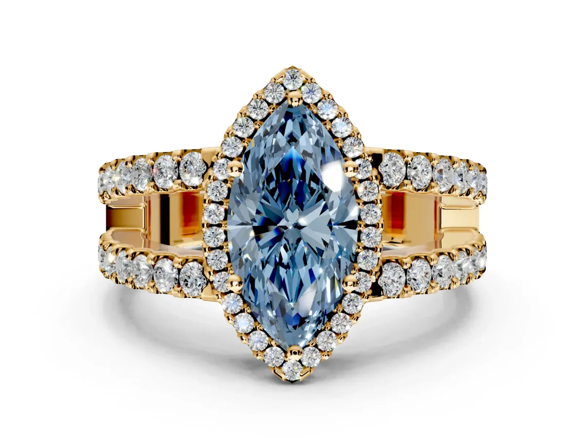 Halo Engagement Ring Setting for Fancy Blue Marquise Center with Wide-Open Pave Split Shank and Prong Head in Yellow Gold