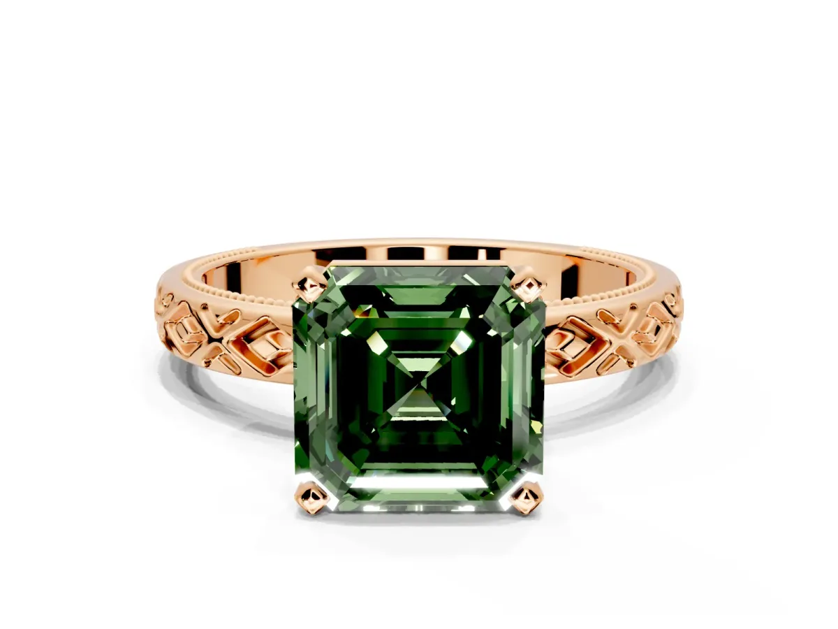 Solitaire Engagement Ring Setting for Fancy Green Asscher Cut Center with Milgrain X Pattern Band and Prong Head in Rose Gold
