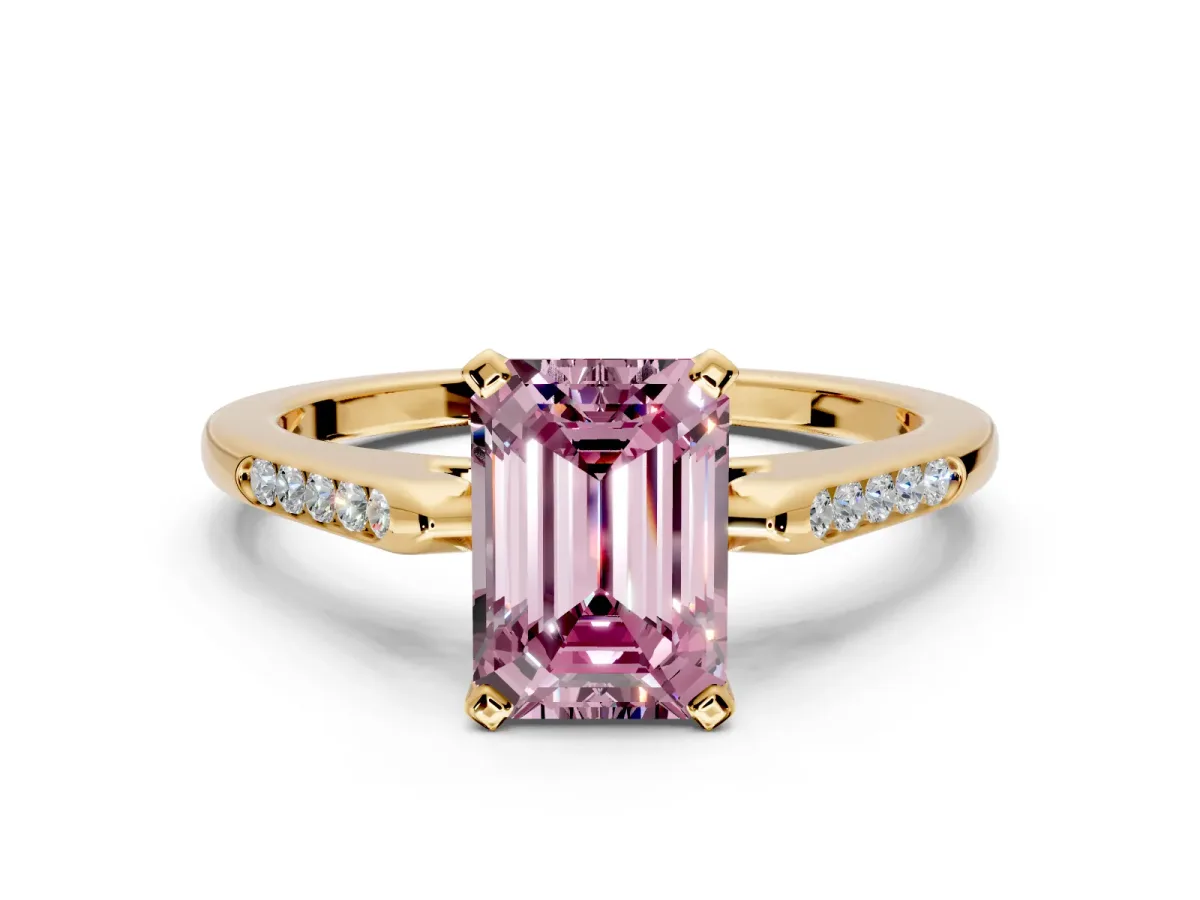 Solitaire Engagement Ring Setting for Fancy Pink Emerald Cut Center with Channel Accents and Prong Head in Yellow Gold