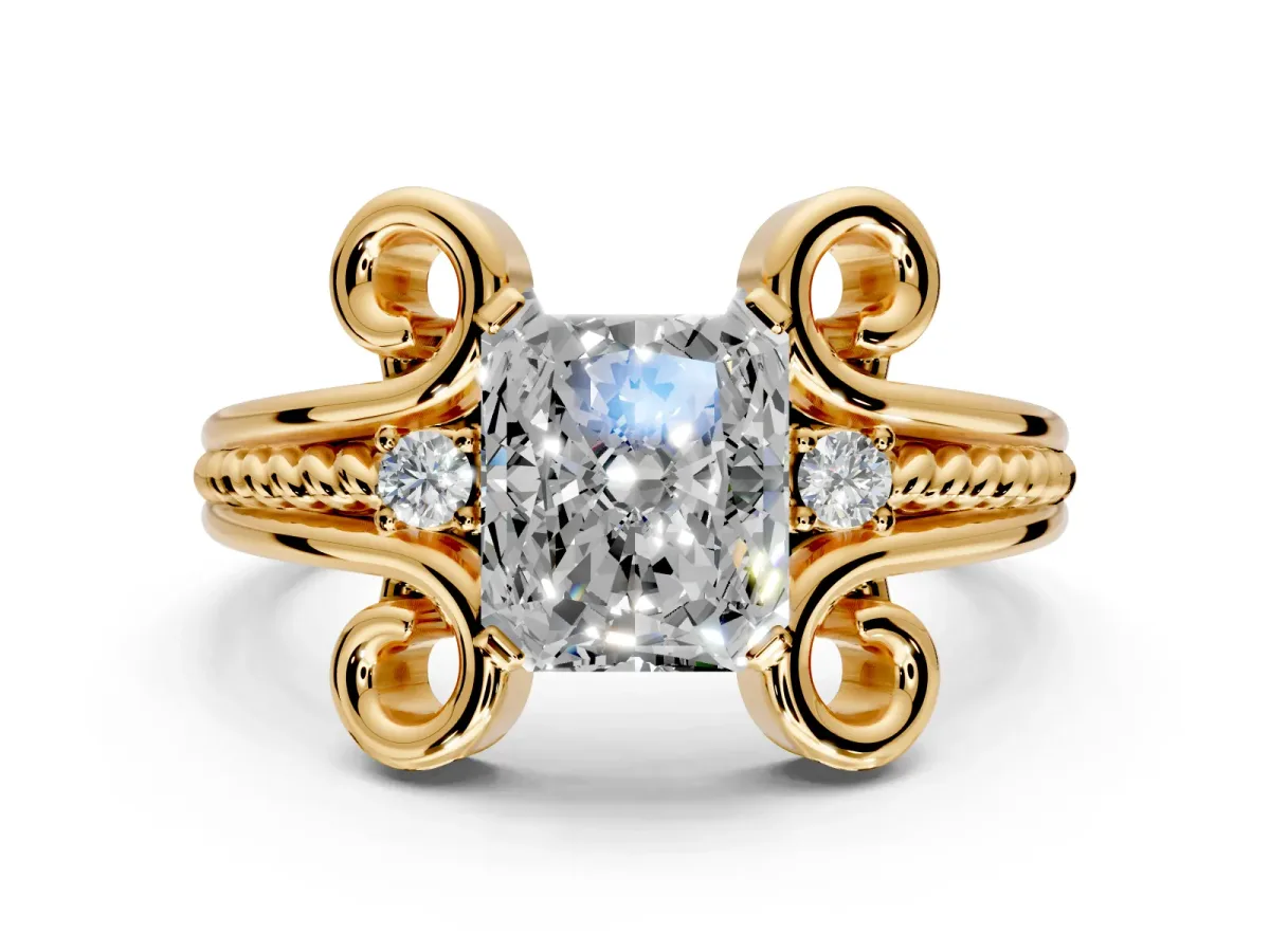 Solitaire Engagement Ring Setting for Radiant Cut Center with Twisted Band and Scroll Prong Head in Yellow Gold