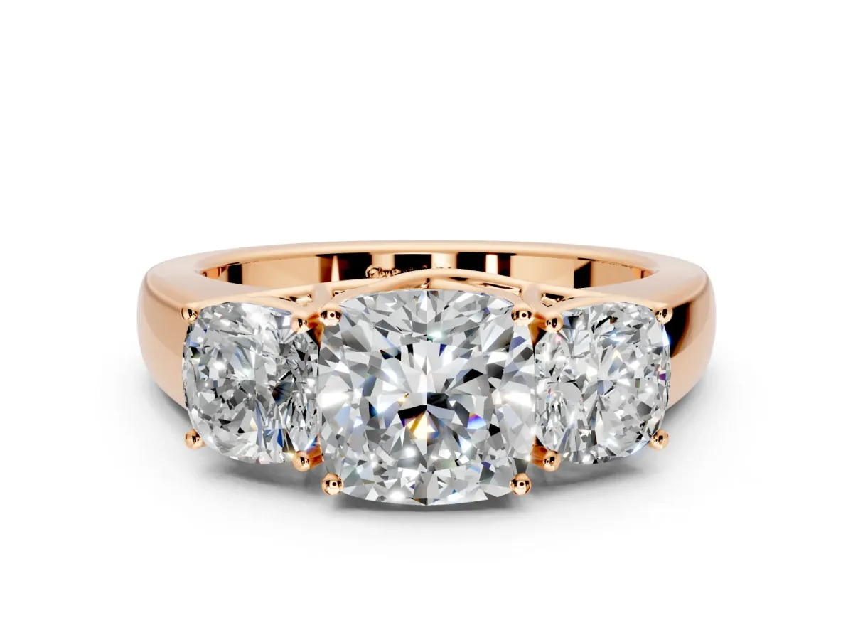 3 Stone Engagement Ring Setting for Cushion Cut Center with Raised Basket Heads and Prong Head in Rose Gold