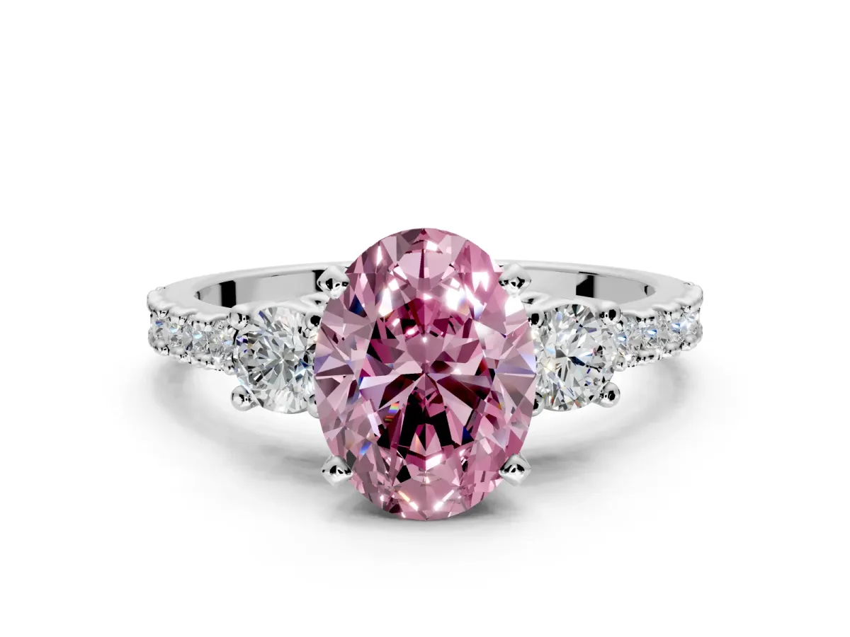 3 Stone Engagement Ring Setting for Fancy Pink Oval Center with Round Cut Side Accents and Prong Head in Sterling Silver