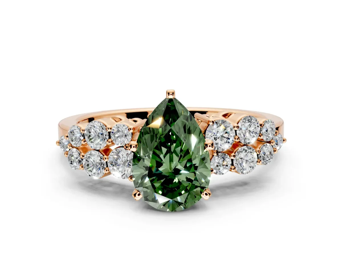 Cluster Engagement Ring Setting for Fancy Green Pear-Shaped Center with 2-Row Shoulder Clusters and Prong Head in Rose Gold