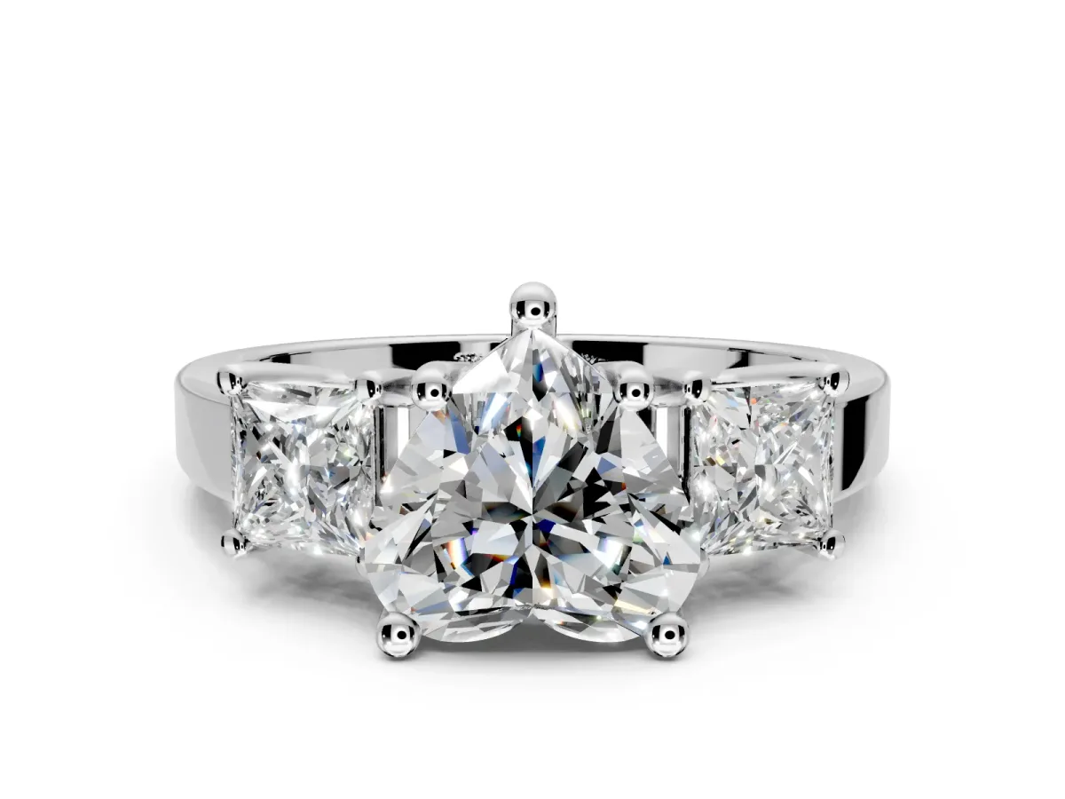 3 Stone Engagement Ring Setting for Heart-Shaped Center with Matching Side Accents and Prong Head in White Gold