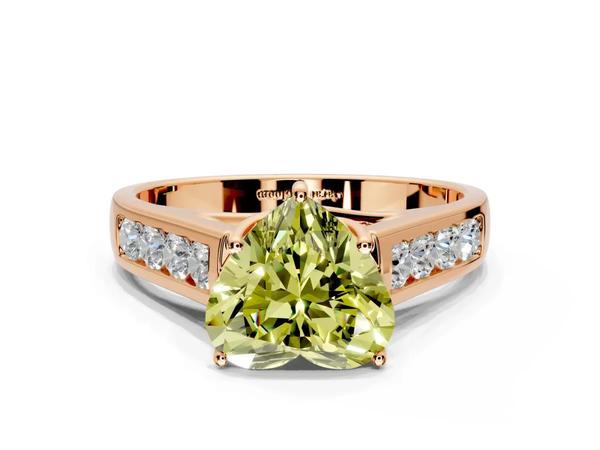 Solitaire Engagement Ring Setting for Fancy Yellow Heart-Shaped Center with Cathedral Channel Band and Prong Head in Rose Gold