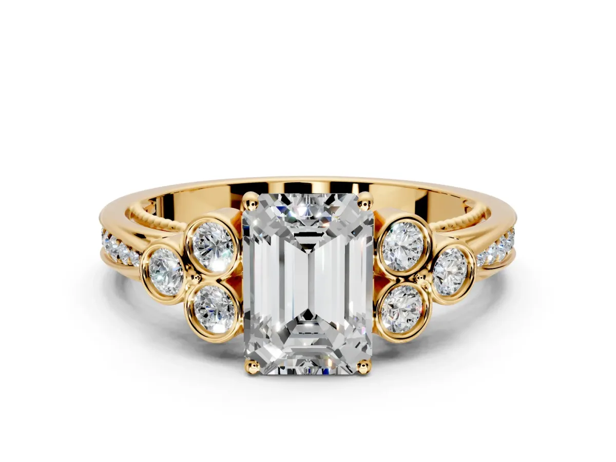 Cluster Engagement Ring Setting for Emerald Cut Center with Bezel Accent Clusters and Prong Head in Yellow Gold