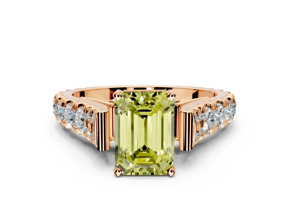 Solitaire Engagement Ring Setting for Fancy Yellow Emerald Cut Center with Pave Cathedral Shoulders and Prong Head in Rose Gold