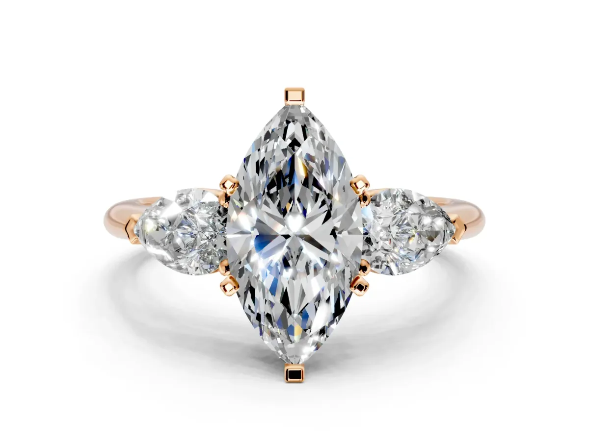 3 Stone Engagement Ring Setting for Marquise Center with Large Pear-Shaped Accents and Prong Head in Rose Gold