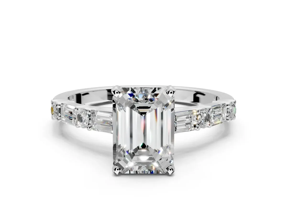 Baguette Engagement Ring Setting for Emerald Cut Center with Alternating Bar-Set Band and Prong Head in Platinum