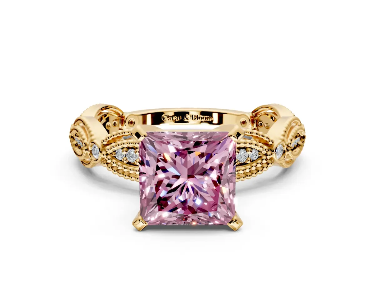Solitaire Engagement Ring Setting for Fancy Pink Princess Cut Center with Marquise Panel Band and Prong Head in Yellow Gold