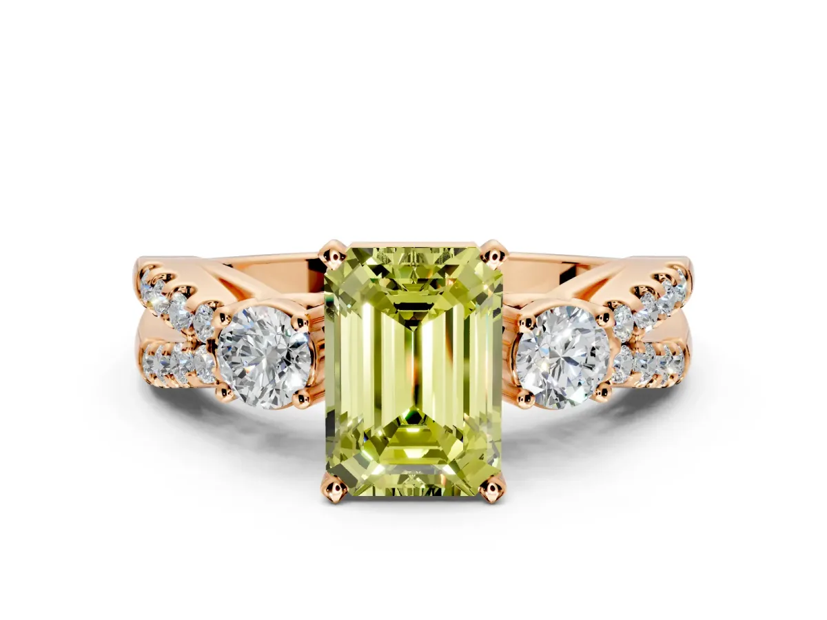 3 Stone Engagement Ring Setting for Fancy Yellow Emerald Cut Center with Pave Split Shank and Prong Head in Rose Gold