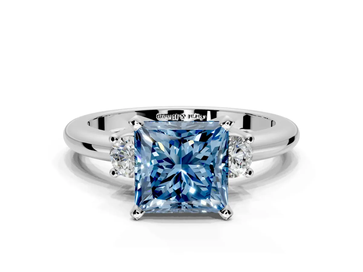 3 Stone Engagement Ring Setting for Fancy Blue Princess Cut Center with Wide Plain Band and Prong Head in Sterling Silver