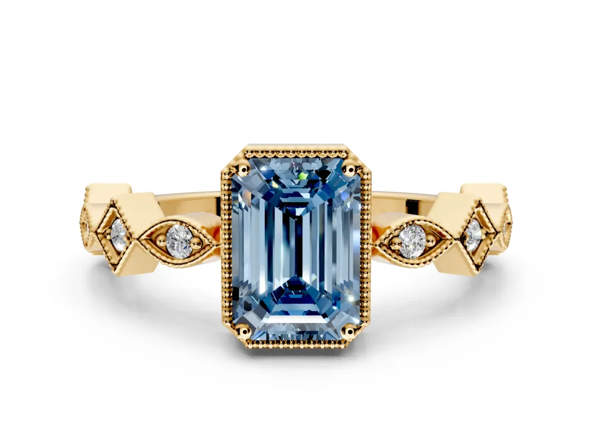 Milgrain Bezel Engagement Ring Setting for Fancy Blue Emerald Cut Center with Marquise Stations and Bezel Head in Yellow Gold