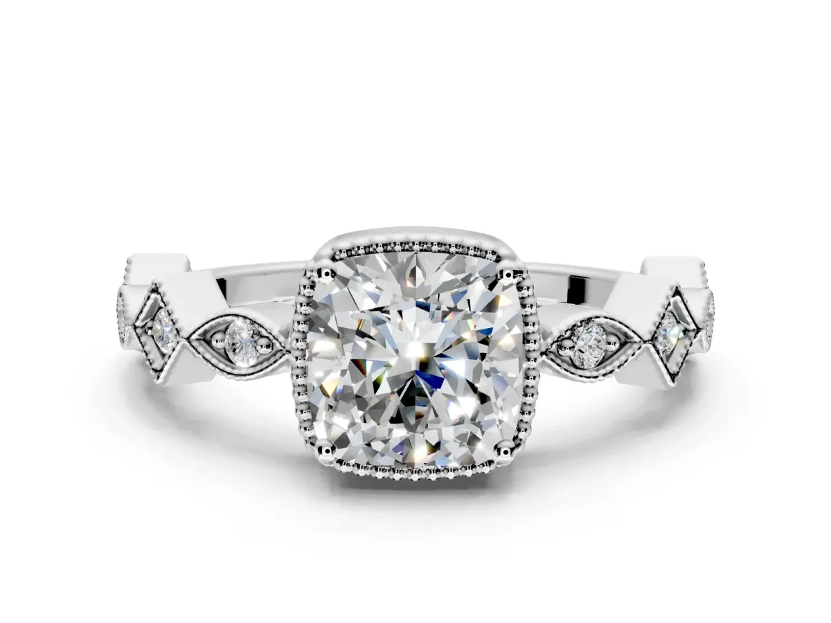 Milgrain Bezel Engagement Ring Setting for Cushion Cut Center with Marquise Stations and Bezel Head in Sterling Silver