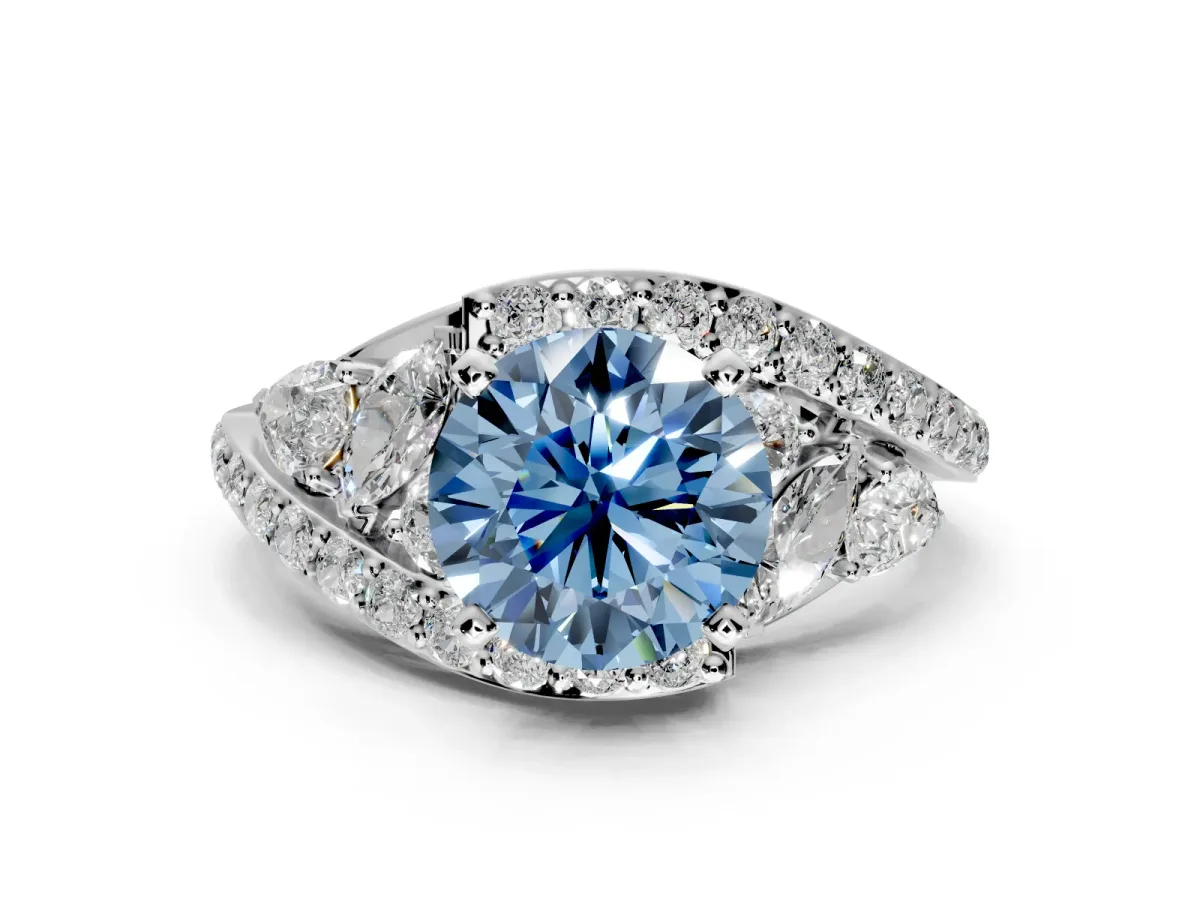Halo Engagement Ring Setting for Fancy Blue Round Cut Center with Marquise and Pave Bypass Band and Prong Head in White Gold