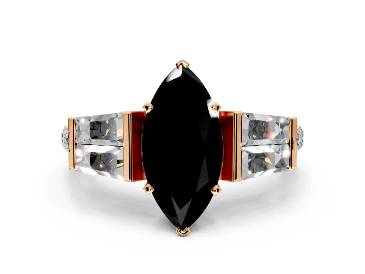Channel-Set Engagement Ring Setting for Fancy Black Marquise Center with Baguette Band and Prong Head in Rose Gold