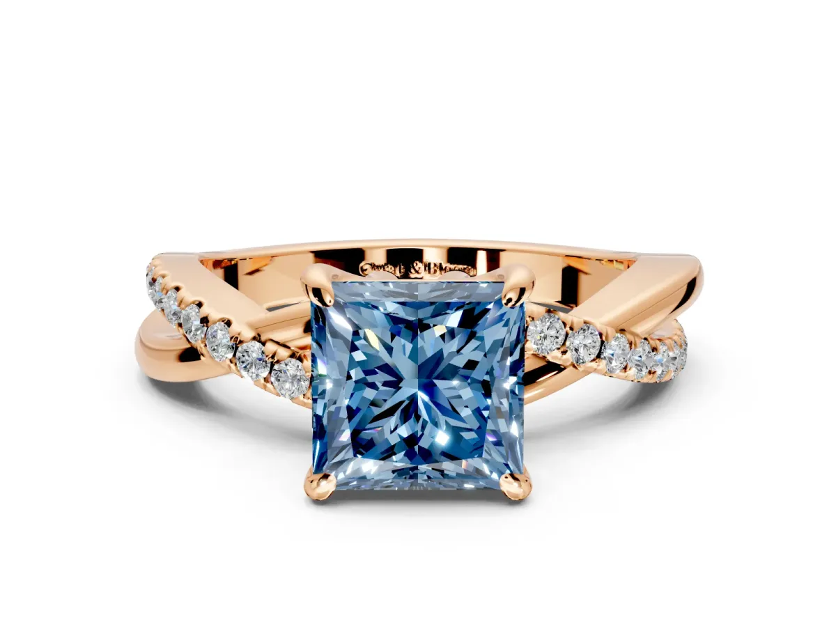 Solitaire Engagement Ring Setting for Fancy Blue Princess Cut Center with Half-Pave Crossover Band and Prong Head in Rose Gold