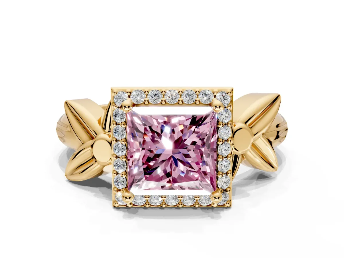 Halo Engagement Ring Setting for Fancy Pink Princess Cut Center with Floral Band and Prong Head in Yellow Gold