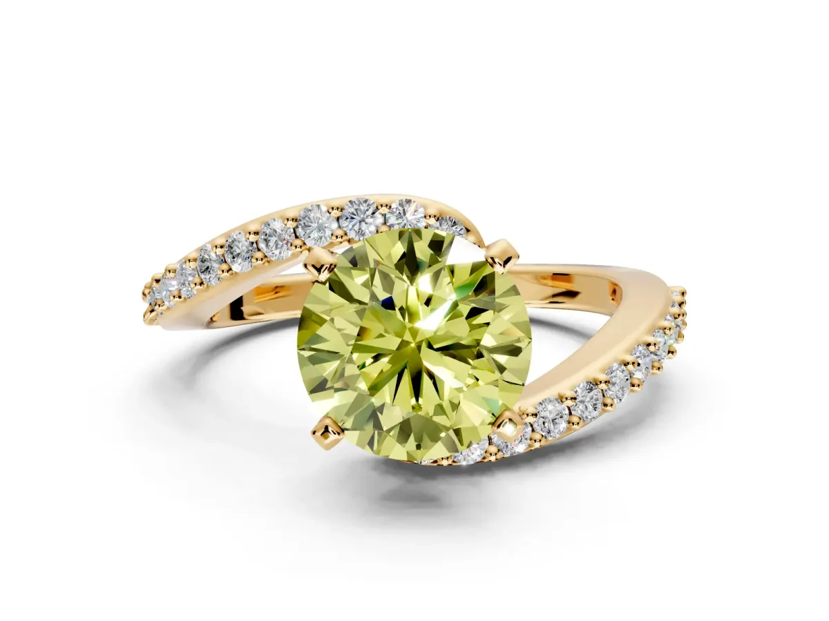 Solitaire Engagement Ring Setting for Fancy Yellow Round Cut Center with Pave Bypass Swirl Band and Prong Head in Yellow Gold
