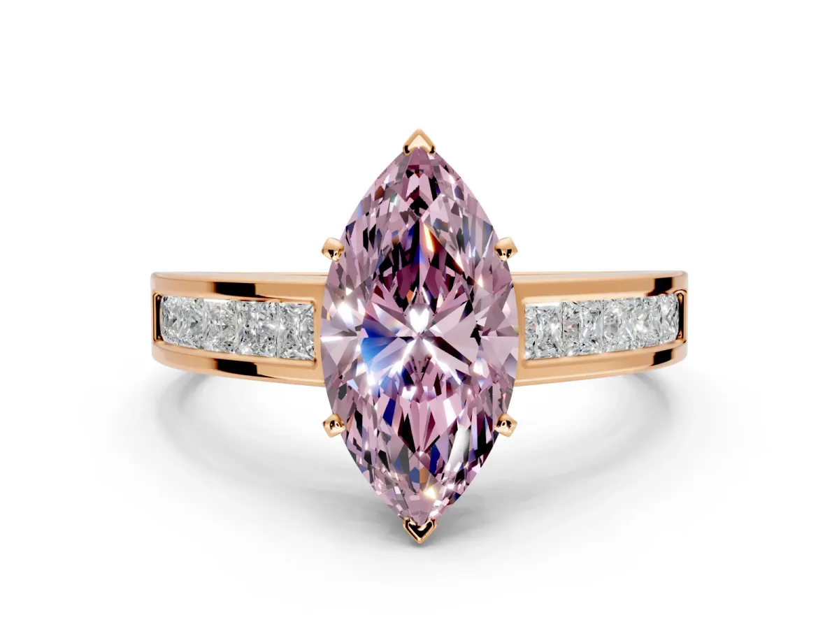 Solitaire Engagement Ring Setting for Fancy Pink Marquise Center with Princess Cut Channel Band and Prong Head in Rose Gold