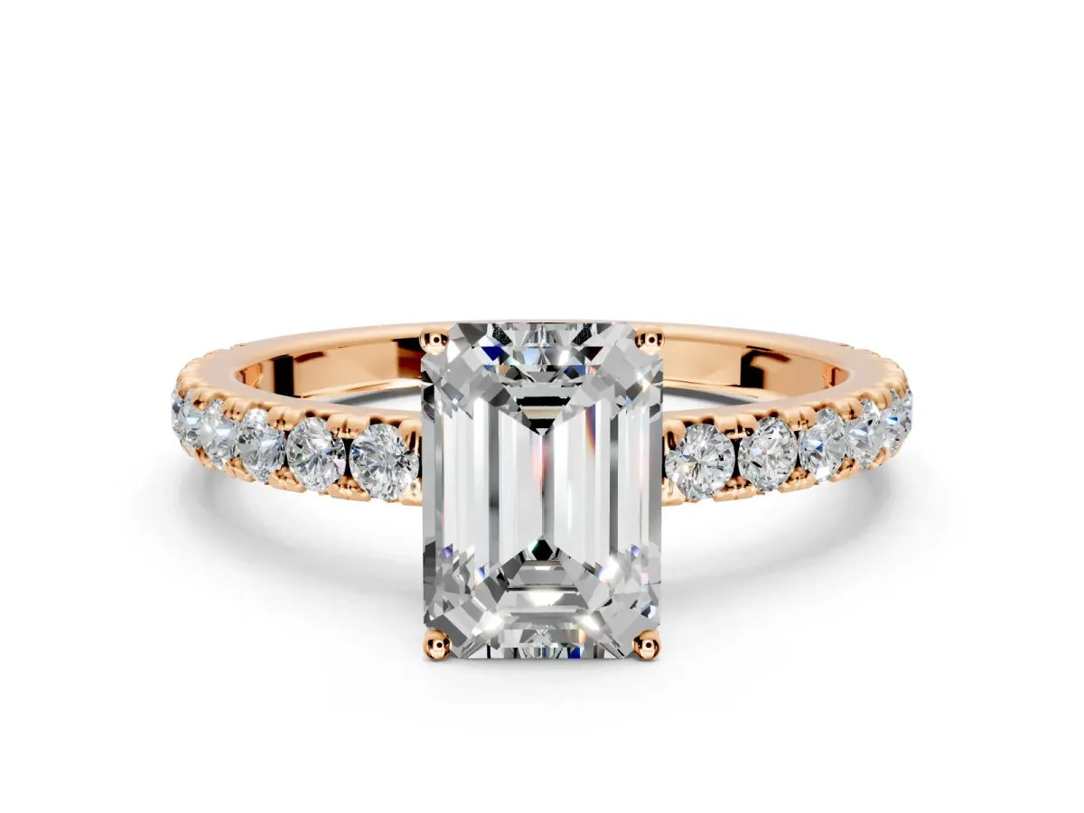 Solitaire Engagement Ring Setting for Emerald Cut Center with Large Accent Band and Prong Head in Rose Gold