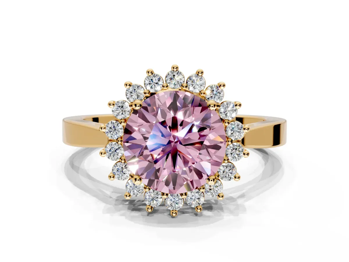 Starburst Halo Engagement Ring Setting for Fancy Pink Round Cut Center with Flat Cathedral Band and Prong Head in Yellow Gold