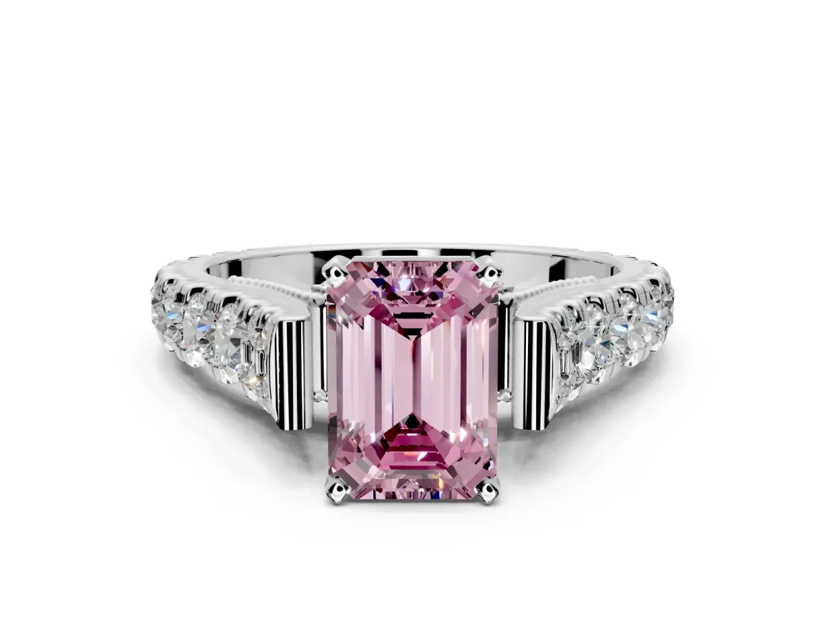 Solitaire Engagement Ring Setting for Fancy Pink Emerald Cut Center with Pave Cathedral Shoulders and Prong Head in Sterling Silver
