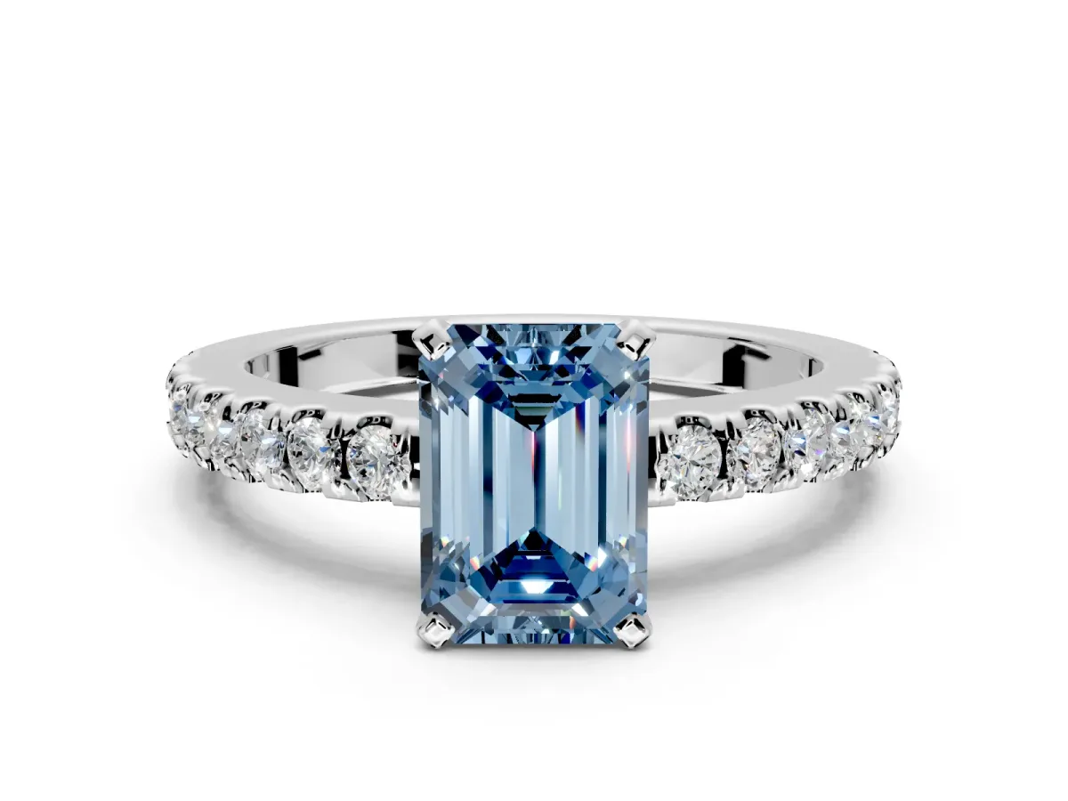Solitaire Engagement Ring Setting for Fancy Blue Emerald Cut Center with Single Row Accent Band and Prong Head in Platinum