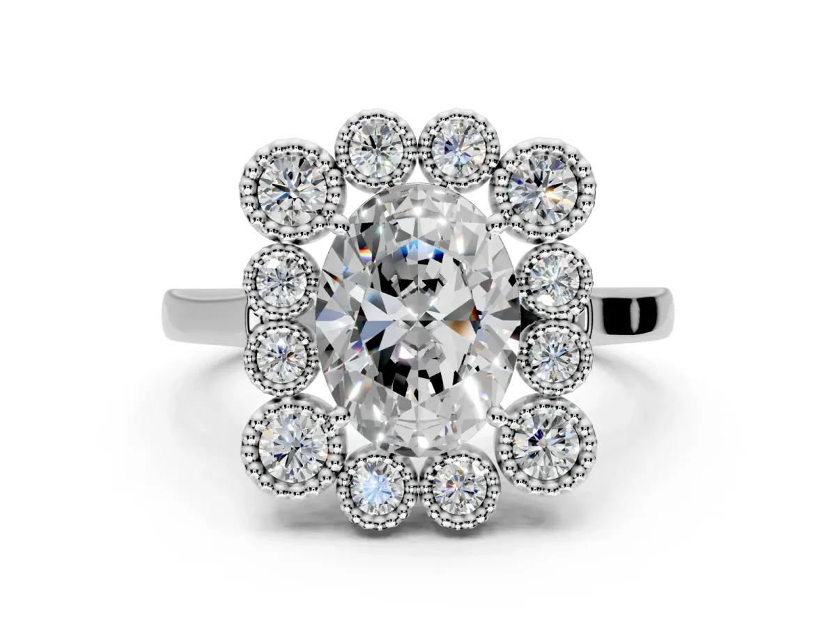 Cluster Halo Engagement Ring Setting for Oval Center with Milgrain Bezel Accents and Prong Head in Platinum