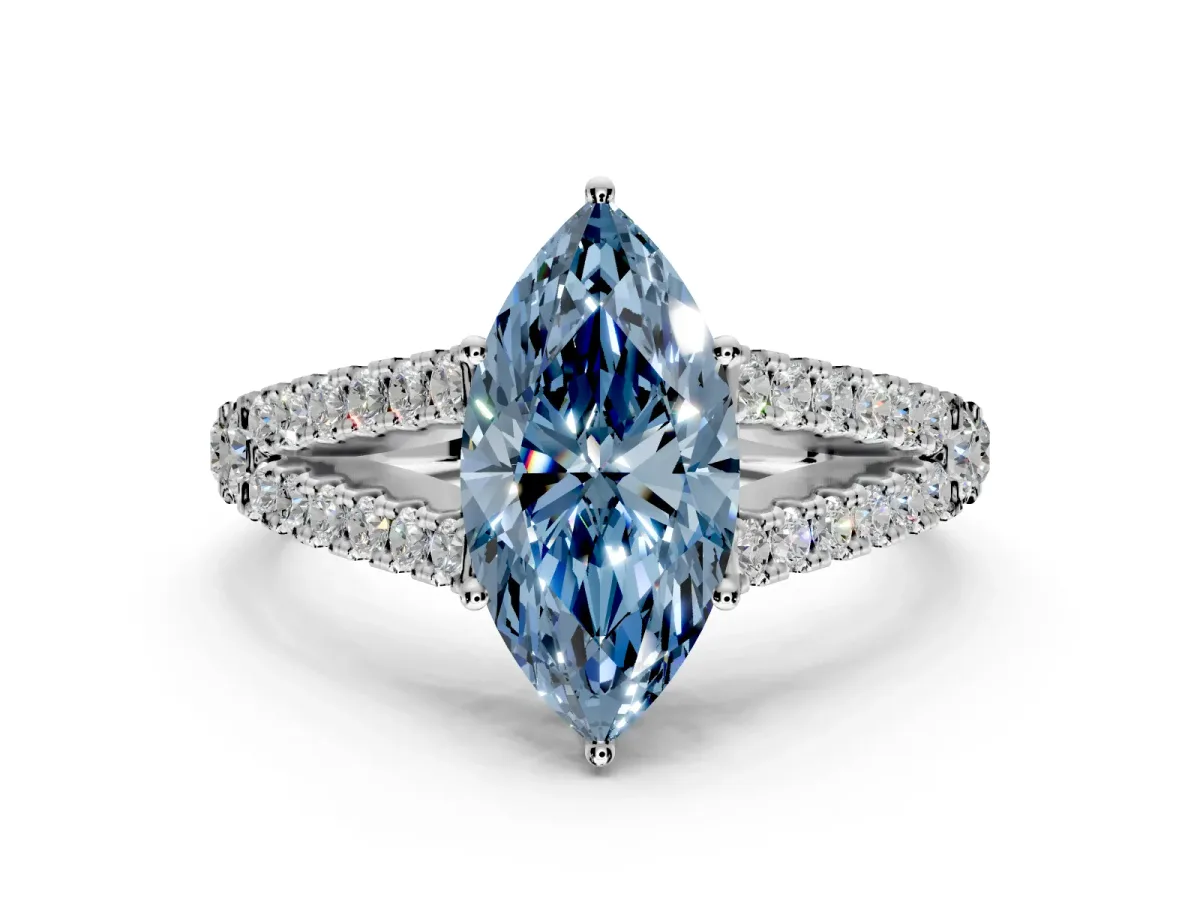 Solitaire Engagement Ring Setting for Fancy Blue Marquise Center with Pave Split Shank and Prong Head in Platinum