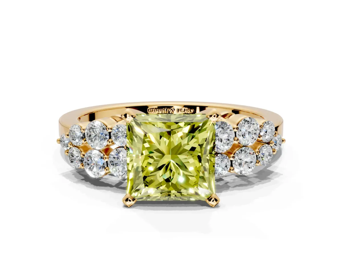 Cluster Engagement Ring Setting for Fancy Yellow Princess Cut Center with 2-Row Shoulder Clusters and Prong Head in Yellow Gold
