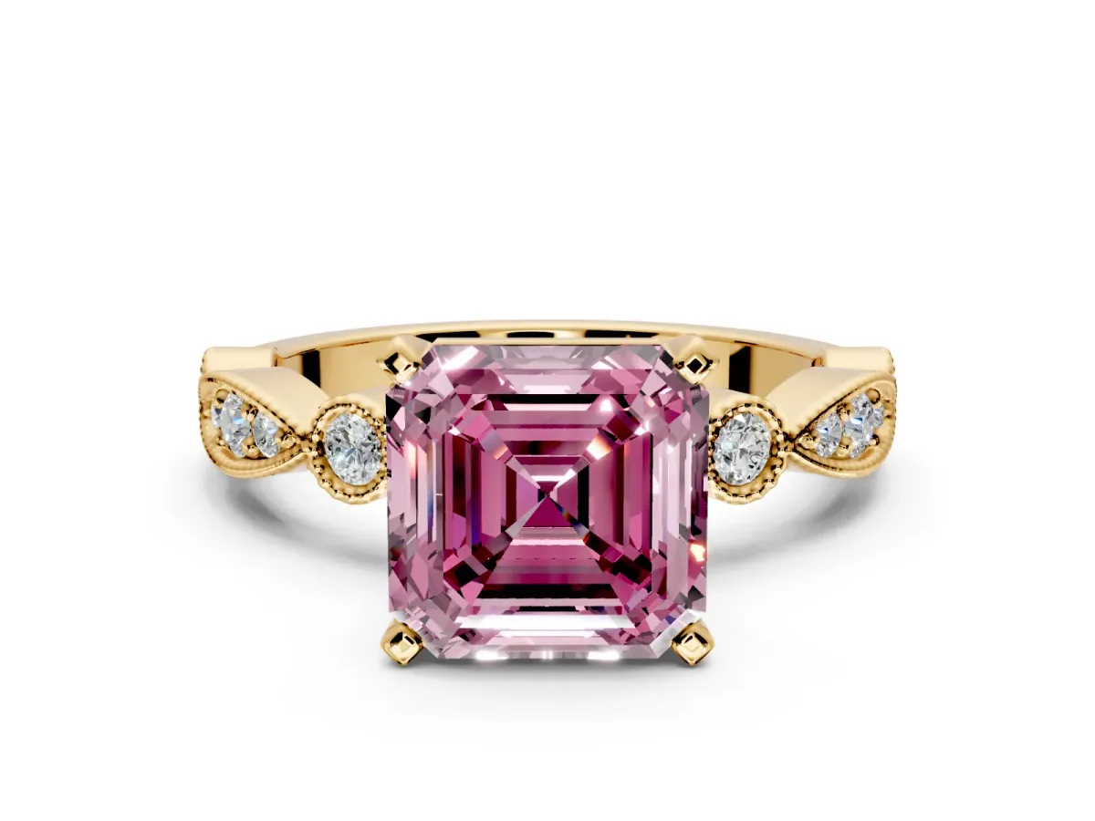 Solitaire Engagement Ring Setting for Fancy Pink Asscher Cut Center with Milgrain Bezel Accents and Prong Head in Yellow Gold